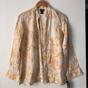 Rafaella Linen Floral Blouse NEW Longline Button Front Long Sleeves
